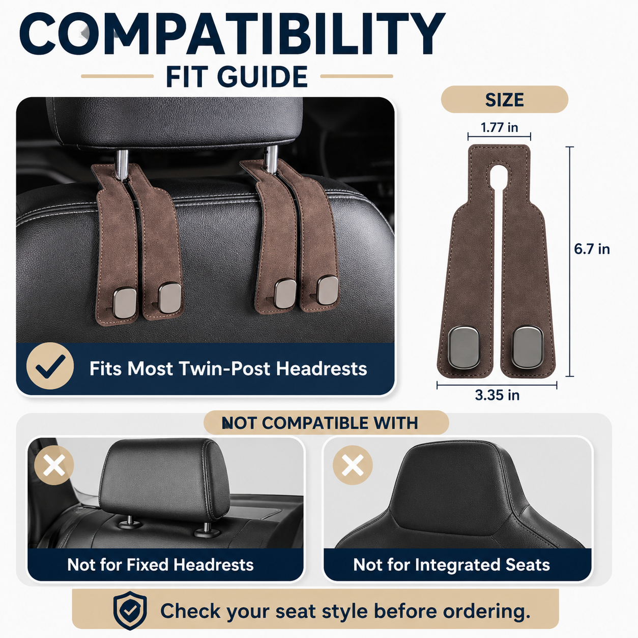 4 Counts Car Seat Headrest Hook, Improved Car Seat Back Double Hooks for Kids' Toys Hats Masks Sunglasses, Soft Gentle Faux Leather tiktok