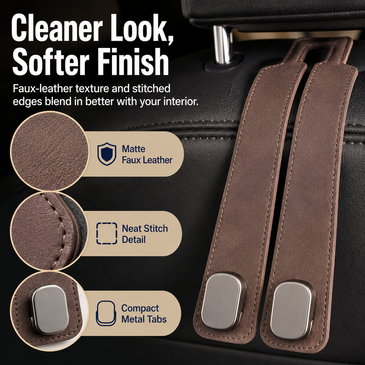 4 Counts Car Seat Headrest Hook, Improved Car Seat Back Double Hooks for Kids' Toys Hats Masks Sunglasses, Soft Gentle Faux Leather tiktok