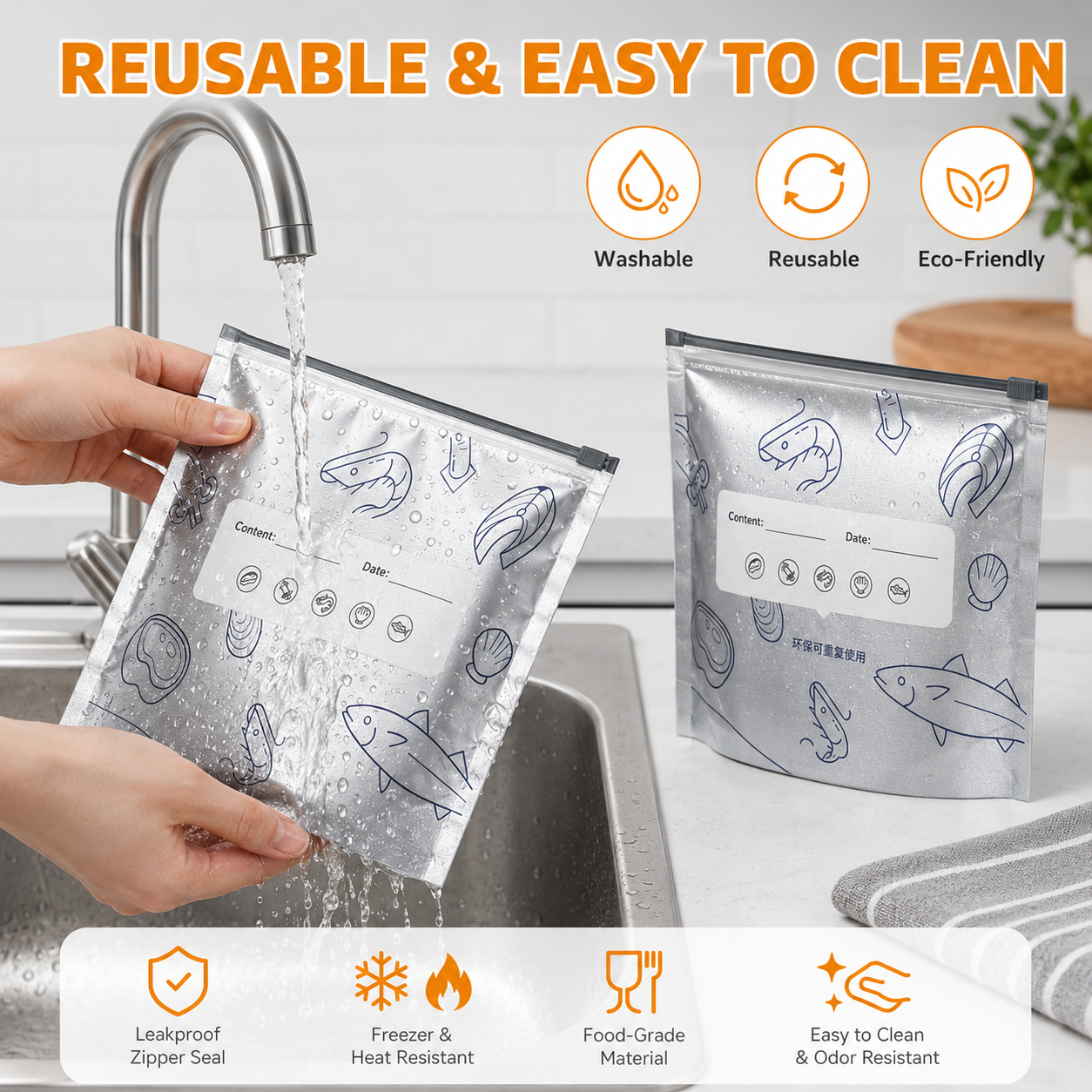 New reusable upgraded thickened upright aluminum foil sealing storage bags, with labels and zipper locks, suitable for washable kitchen items like vegetables, fruits, and meat, perfect for Thanksgiving, Christmas, and New Year gifts