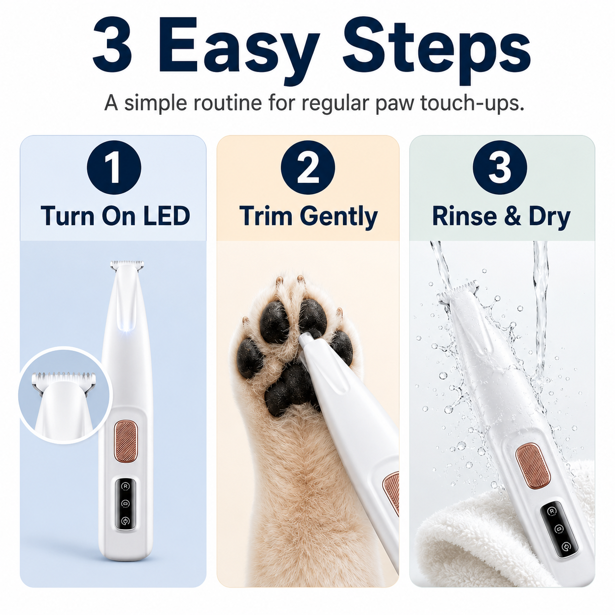 Rechargeable Pet Hair Triammer Kit, Pet Paw Trimmer, Cordless Quiet Dog Trimmer for Grooming with LED Light, Small Dog Grooming Clippers for Dogs & Cats, Pet Grooming Tool,Waterproof, low noise pet shaver