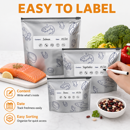 New reusable upgraded thickened upright aluminum foil sealing storage bags, with labels and zipper locks, suitable for washable kitchen items like vegetables, fruits, and meat, perfect for Thanksgiving, Christmas, and New Year gifts