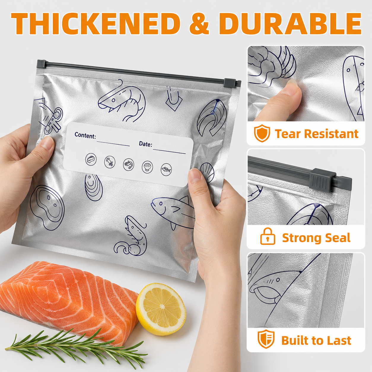 New reusable upgraded thickened upright aluminum foil sealing storage bags, with labels and zipper locks, suitable for washable kitchen items like vegetables, fruits, and meat, perfect for Thanksgiving, Christmas, and New Year gifts