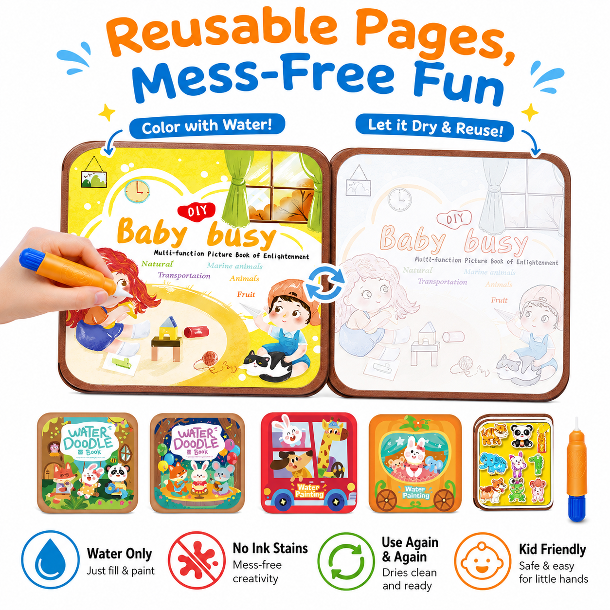 MomoNook Magic Water Painting Book with Pen – Reusable Coloring Book for Kids Age 3-6, No Mess, Educational Drawing Pad for Toddlers, Best Birthday Gift, Viral Toy on TikTok, Montessori Learning Toy early education Watercolor Workbooks